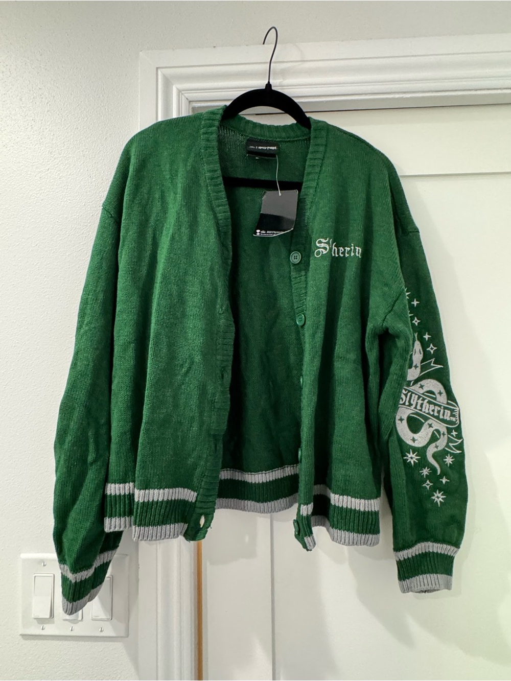 Hot Topic LG Green Slytherin Cardigan Sweater with Gray Trim